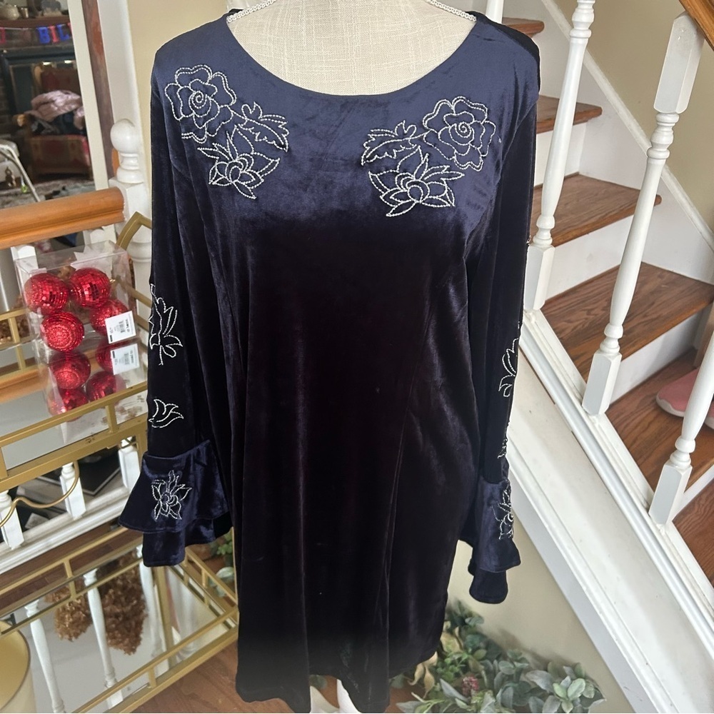 Pyramid Collection Velvet Dress M Blue Embroidered Bell Sleeve Whimsigoth Boho